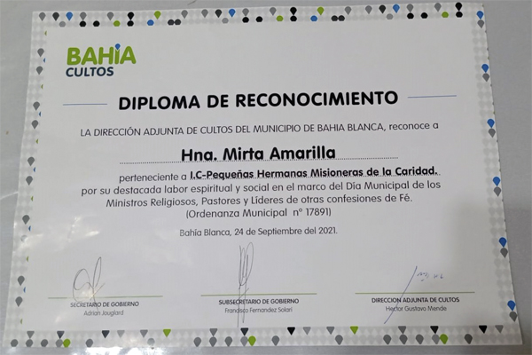 Municipio de Bahía Blanca reconoce labor de Hna. Ma. Mirtha Amarilla